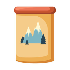 The food jar, with a twist top, has a sticker with a picture of mountains and a forest. Vector illustration of a can for camping food, in flat style, isolated on a white background.