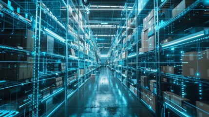 Futuristic Technology Retail Warehouse: Digitalization and Visualization of Industry 4.0 Process that Analyzes Goods. Generative Ai