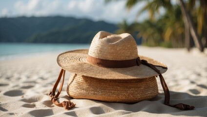 Bag with straw hat on the white sand on the tropical beach.