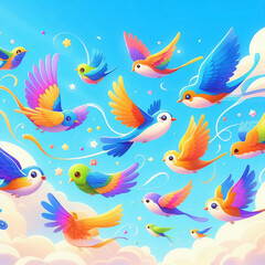 A cute little birds frying in the sky illustration digital art