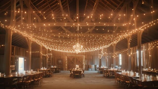 A large room filled with tables and chairs illuminated by strings of lights, setting the scene for a rustic barn wedding, A rustic barn wedding with string lights and mason jar centerpieces