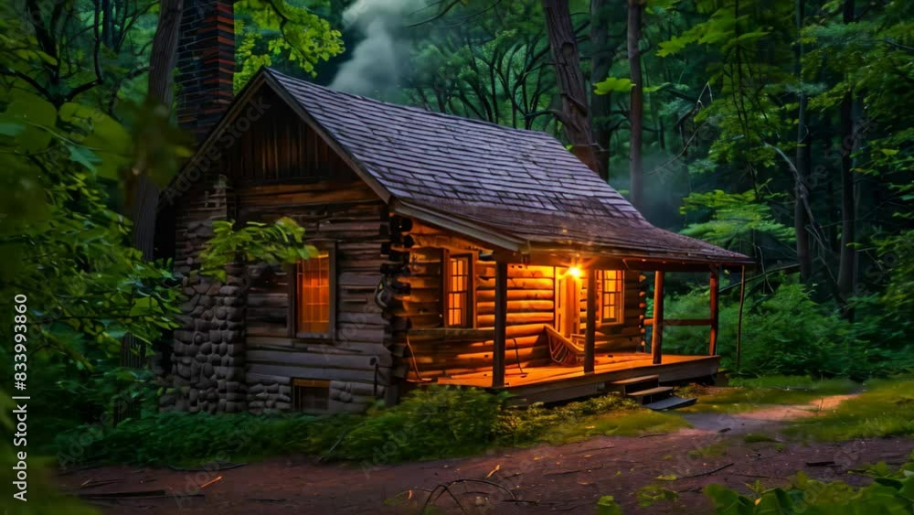 Poster a log cabin glowing with light in a dark forest setting at nighttime, a rustic log cabin nestled in 