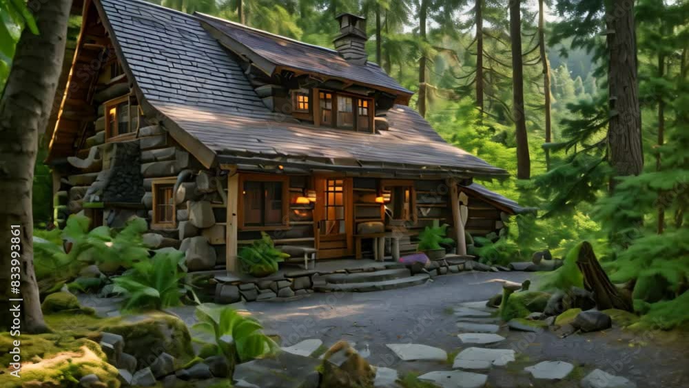 Poster a log cabin surrounded by trees in a dense forest setting, a rustic log cabin nestled in the woods