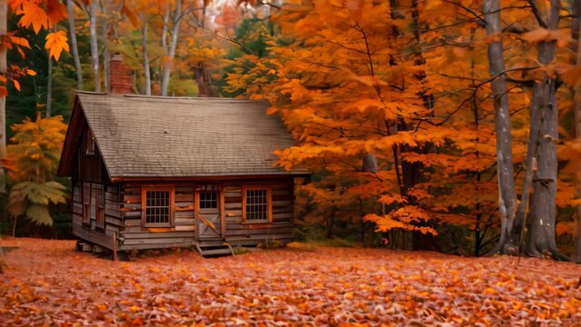 A cabin in the woods nestled among vibrant fall leaves, A rustic cabin surrounded by a forest of autumn leaves