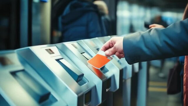 A person, possibly of indeterminate age and gender, uses a card at a busy subway turnstile. The scene captures the rush hour in an urban city. It's a typical hustle-and-bustle environment