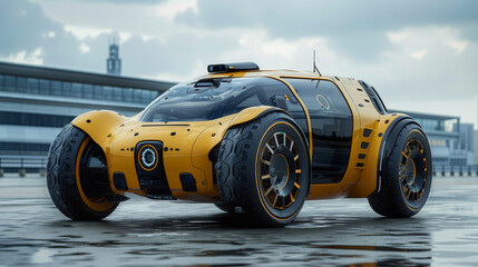 A futuristic looking car with large wheels on a concrete surface, AI