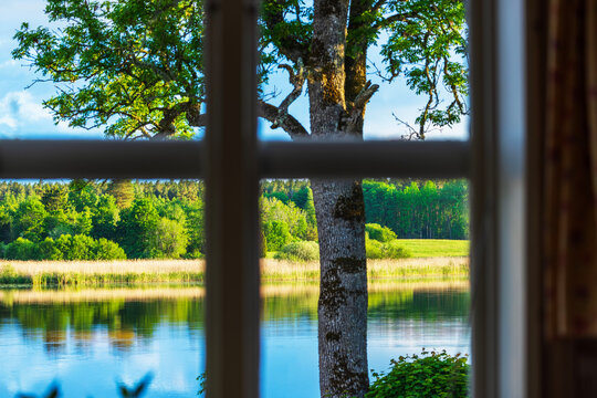 Beautiful view through a window of a serene lake with lush green trees and bushes creating a blurred reflection on the water's surface.