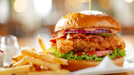 A Crispy and Delicious Burger with Fries served in a White Plate, on a Restaurant Table, ai generated