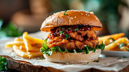 A Crispy and Delicious Burger with Fries served in a White Plate, on a Restaurant Table, ai generated