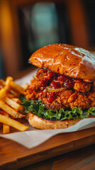 A Crispy and Delicious Burger with Fries served in a White Plate, on a Restaurant Table, ai generated