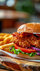 A Crispy and Delicious Burger with Fries served in a White Plate, on a Restaurant Table, ai generated