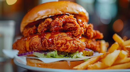 A Crispy and Delicious Burger with Fries served in a White Plate, on a Restaurant Table, ai generated