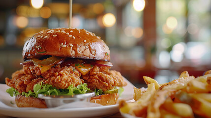 A Crispy and Delicious Burger with Fries served in a White Plate, on a Restaurant Table, ai generated