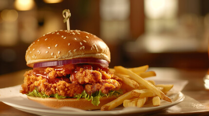 A Crispy and Delicious Burger with Fries served in a White Plate, on a Restaurant Table, ai generated