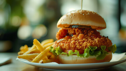 A Crispy and Delicious Burger with Fries served in a White Plate, on a Restaurant Table, ai generated