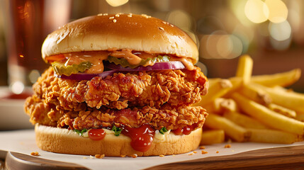 A Crispy and Delicious Burger with Fries served in a White Plate, on a Restaurant Table, ai generated