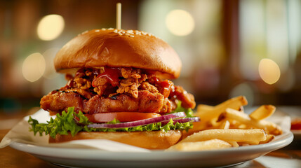 A Crispy and Delicious Burger with Fries served in a White Plate, on a Restaurant Table, ai generated