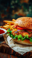 A Crispy and Delicious Burger with Fries served in a White Plate, on a Restaurant Table, ai generated