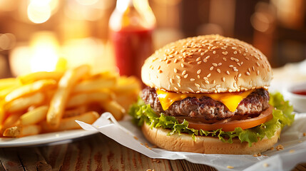 A Crispy and Delicious Burger with Fries served in a White Plate, on a Restaurant Table, ai generated