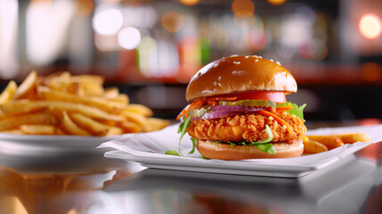 A Crispy and Delicious Burger with Fries served in a White Plate, on a Restaurant Table, ai generated