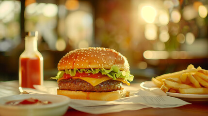 A Crispy and Delicious Burger with Fries served in a White Plate, on a Restaurant Table, ai generated