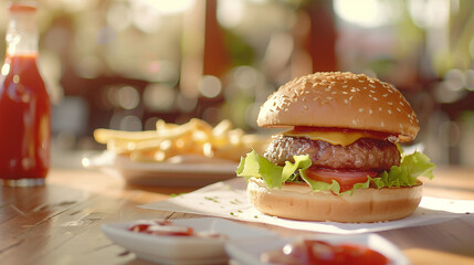 A Crispy and Delicious Burger with Fries served in a White Plate, on a Restaurant Table, ai generated