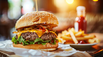 A Crispy and Delicious Burger with Fries served in a White Plate, on a Restaurant Table, ai generated