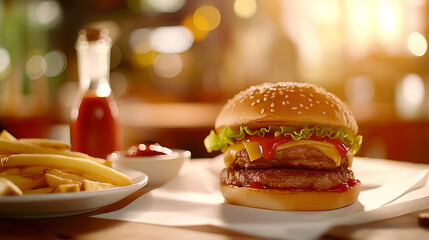 A Crispy and Delicious Burger with Fries served in a White Plate, on a Restaurant Table, ai generated