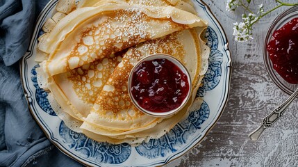 delicious pancakes with cherry jam, top view