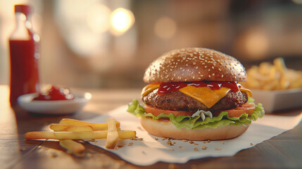 A Crispy and Delicious Burger with Fries served in a White Plate, on a Restaurant Table, ai generated