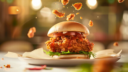 A Crispy and Delicious Burger with Fries served in a White Plate, on a Restaurant Table, ai generated