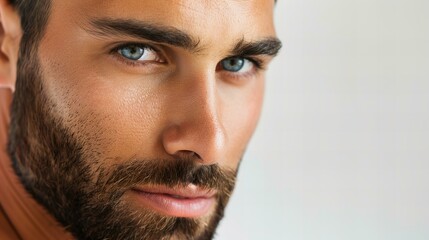 Obraz premium bearded man with neatly trimmed beard looking at camera closeup with copy space, barbershop masculine grooming