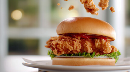 A Crispy and Delicious Burger with Fries served in a White Plate, on a Restaurant Table, ai generated