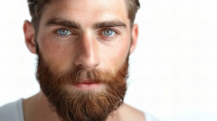 Obraz premium bearded man with neatly trimmed beard looking at camera closeup with copy space, barbershop masculine grooming