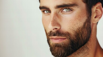 Obraz premium bearded man with neatly trimmed beard looking at camera closeup with copy space, barbershop masculine grooming