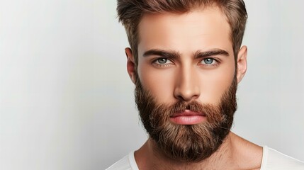 bearded man with neatly trimmed beard looking at camera closeup with copy space, barbershop masculine grooming