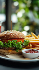 A Crispy and Delicious Burger with Fries served in a White Plate, on a Restaurant Table, ai generated