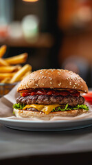 A Crispy and Delicious Burger with Fries served in a White Plate, on a Restaurant Table, ai generated