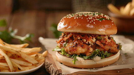 A Crispy and Delicious Burger with Fries served in a White Plate, on a Restaurant Table, ai generated