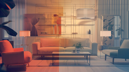 A stylish modern living room featuring a sofa, coffee table, and plants, with a digital blueprint overlay indicating smart home technology.
