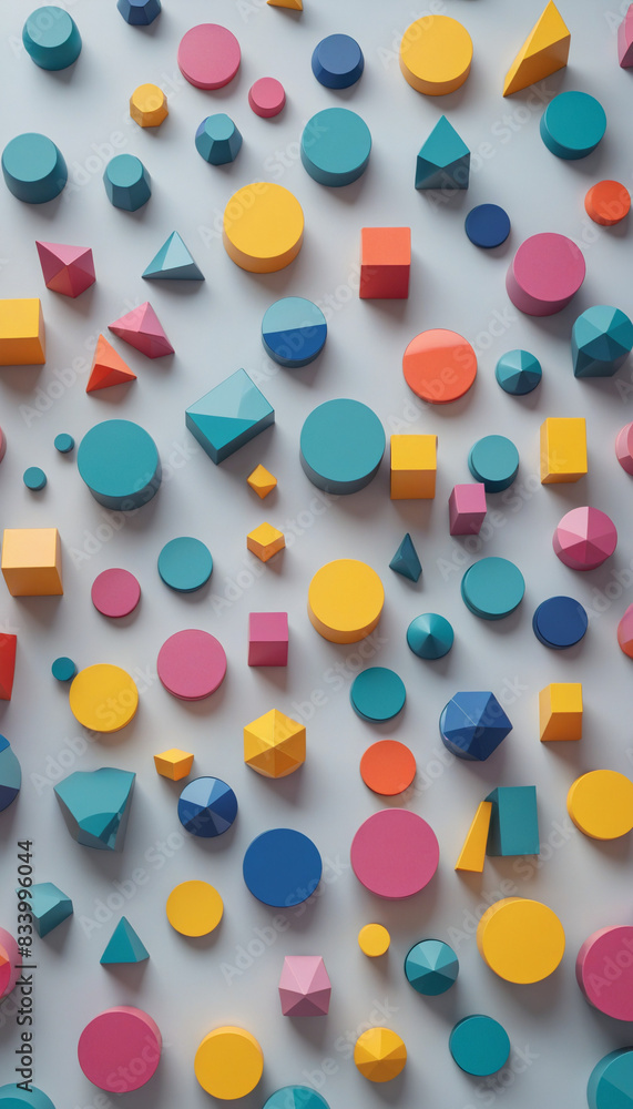Poster colorful three-dimensional geometric shapes set in various shades, minimalist design illustration wi