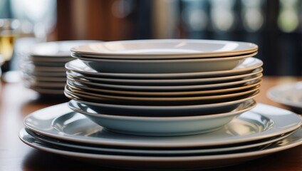 Closeup clean plates stack on a table ready for use.