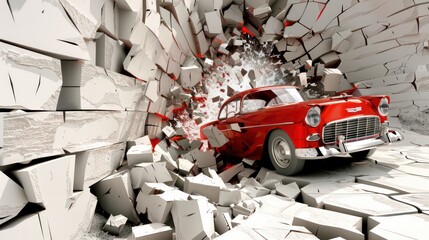 3d wallpaper design with a classic car driving through a broken wall