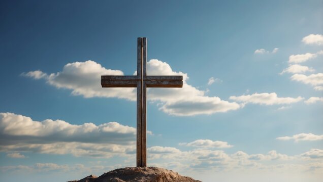Cross on a sky background with copy space.