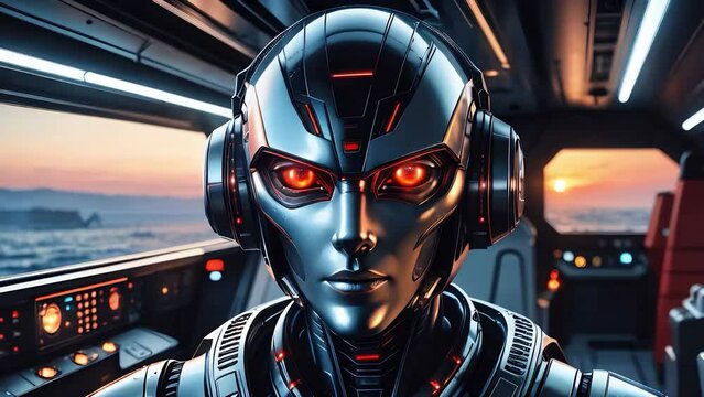 A highly detailed humanoid android with glowing red eyes, standing in the command deck of a star cruiser, overlooking a sunset over a distant planet.