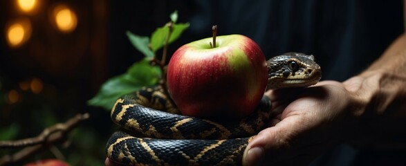The original sin, the forbidden fruit Hand holding an apple and a snake on a dark background.