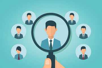 HR Choose One Candidate Among Others, Hiring staff concept illustration. Drawn hand with magnifying glass search for new worker, human resources concept.