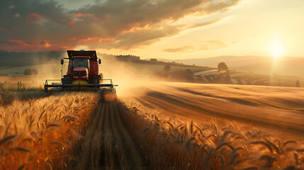 Obraz premium Red combine truck driving through wheat field. Generative by AI