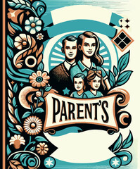 Happy family banner with text and inscription spaced out parents with muted colors and a retro aesthetic