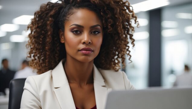 Closeup African American business woman using laptop while sitting at the office with white interior.
